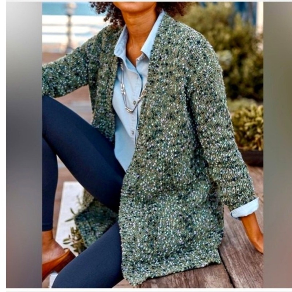 J.Jill Utopia Mixed-Textures Open-Front Cardigan Size M Green Purple Knobby Knit